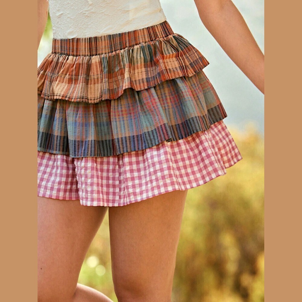 Brown Plaid Pink Gingham Multi Plaid Tiered Ruffle Mini Skirt